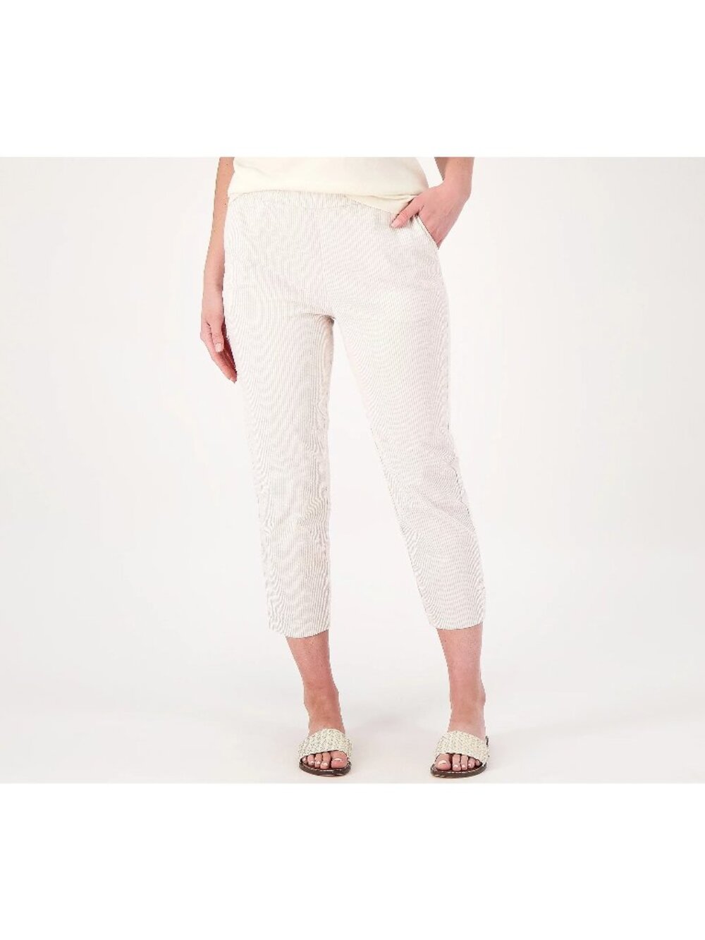 Susan Graver Crop Pants Size 8 Regular Stripe Stretch Seersucker Warm Taupe Tan